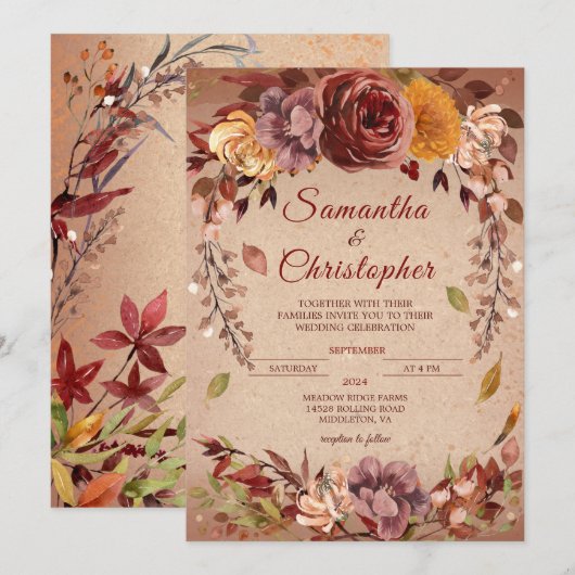 Invitation Russe Fleur d'automne Bourgogne Ambre Mariage de a (Devant / Derrière)
