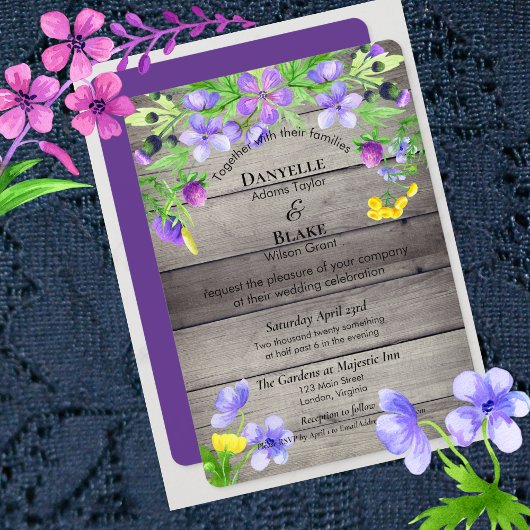 Invitation Russe Fleur sauvage Aquarelle bleu violet Mariage