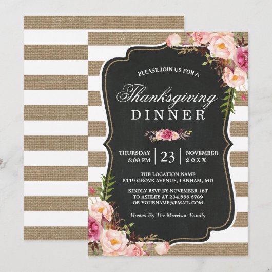 Invitation Russe Floral Burlap Stripes Thanksgiving Dîner (Devant / Derrière)