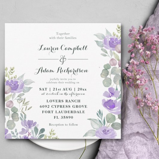 Invitation Russe Floral Eucalyptus Aquarelle Violet Mariage
