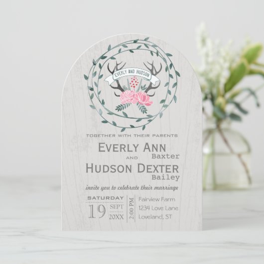 Invitation Russe Forêt Garland Antler Grange Mariage bois (Debout devant)