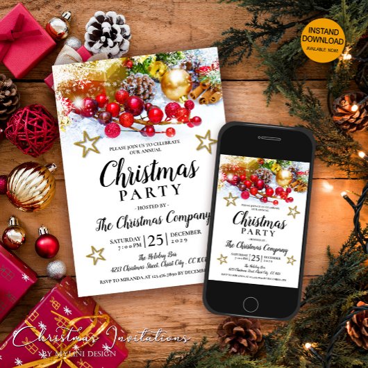 Invitation Russe Gold Baubles Holly Berries fête de Noël