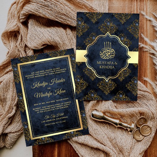 Invitation Russe Gold Navy Blue Damask Mariage musulman