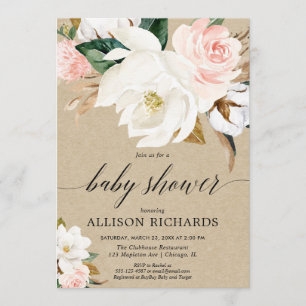 Invitation Russe kraft rose rousse magnolia fille baby shower