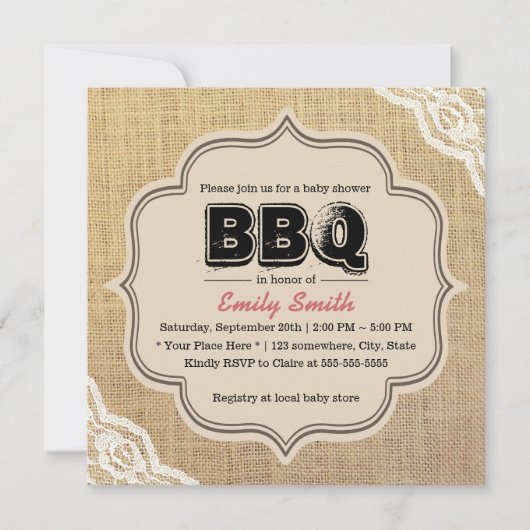 Invitation Russe Lace & Burlap Baby shower BBQ Party (Devant)