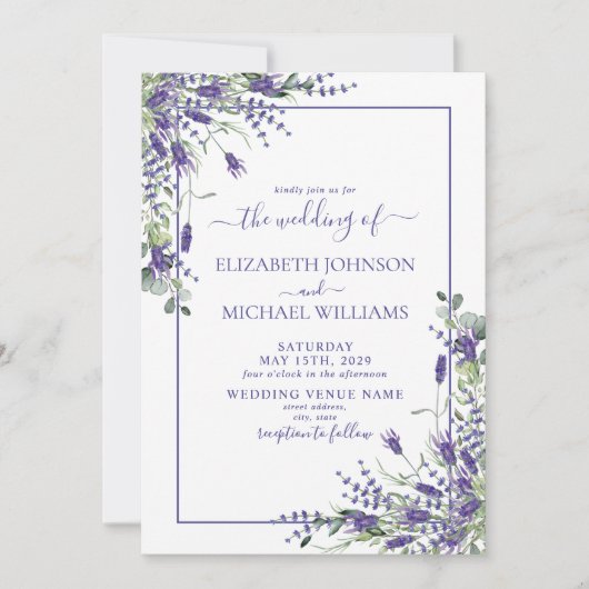 Invitation Russe Lavande Eucalyptus Mariage de script en bois (Devant)