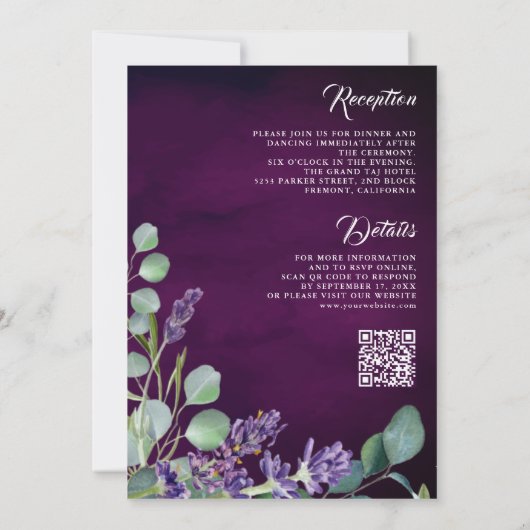 Invitation Russe Lavender Eucalyptus QR Code Mariage violet (Dos)