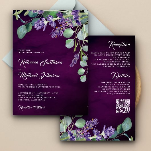 Invitation Russe Lavender Eucalyptus QR Code Mariage violet