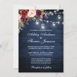 Invitation Russe Mariage Bleu Bois Lumières Jarres Floral