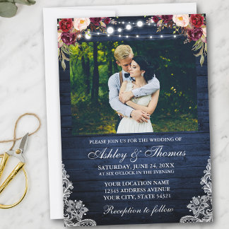Invitation Russe Mariage Floral Bleu Bois Lumières Dentelle P
