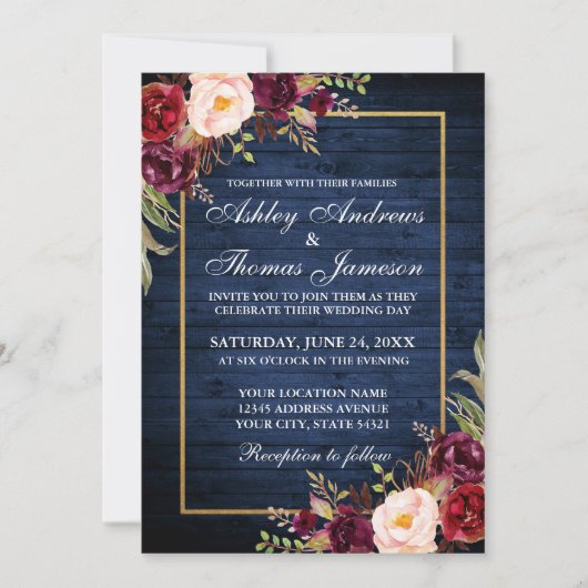 Invitation Russe Mariage or Bourgogne Floral Bleu Bois (Devant)
