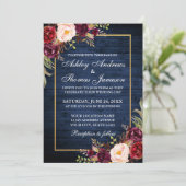 Invitation Russe Mariage or Bourgogne Floral Bleu Bois (Debout devant)