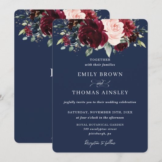 Invitation Russe Marine Bleu Blush Bourgogne Floral Mariage (Devant / Derrière)