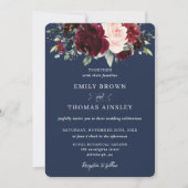 Invitation Russe Marine Bleu Blush Bourgogne Floral Mariage (Devant)