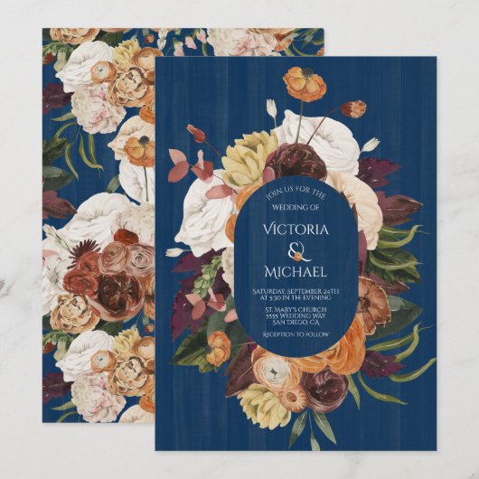 Invitation Russe Marine Bleu Bois Automne Floral Wreath Maria (Devant / Derrière)