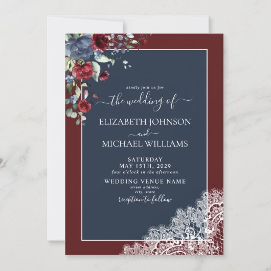 Invitation Russe Marine Bleu Bourgogne Mariage Script (Devant)