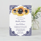Invitation Russe Marine bleu dentelle Jaune Mariage tournesol (Debout devant)