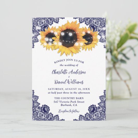 Invitation Russe Marine bleu dentelle Jaune Mariage tournesol (Debout devant)
