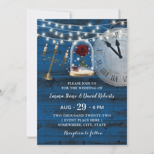 Invitation Russe Marine Bleu Grange Bois Fairytale Mariage (Devant)
