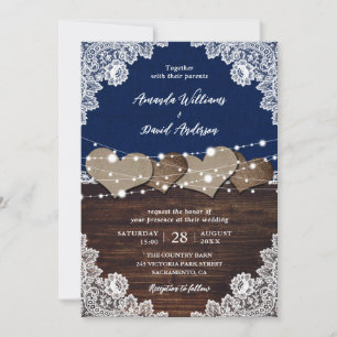 Invitation Russe Marine Bleu Mariage de dentelle Burlap