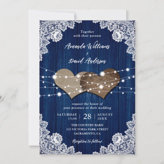 Invitation Russe Marine Bleu Mariage de dentelle Burlap (Devant)