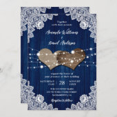 Invitation Russe Marine Bleu Mariage de dentelle Burlap (Devant / Derrière)
