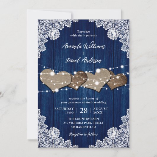 Invitation Russe Marine Bleu Mariage de dentelle Burlap (Devant)