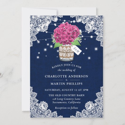 Invitation Russe Marine bleu rose Hydrangea Mariage (Devant)