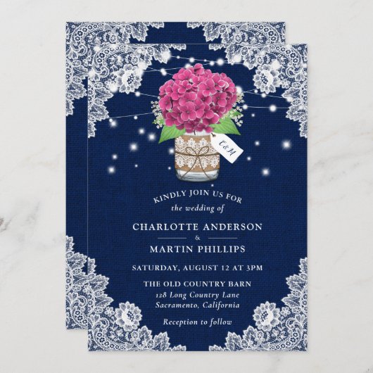 Invitation Russe Marine bleu rose Hydrangea Mariage (Devant / Derrière)