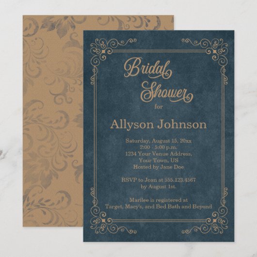 Invitation Russe Marine Blue Chalkboard Tan Fête des mariées  (Devant / Derrière)