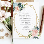 Invitation Russe Marine Blush Gold Floral Mariage géométrique