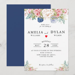 Invitation Russe Marine Blush rose Floral Mariage moderne