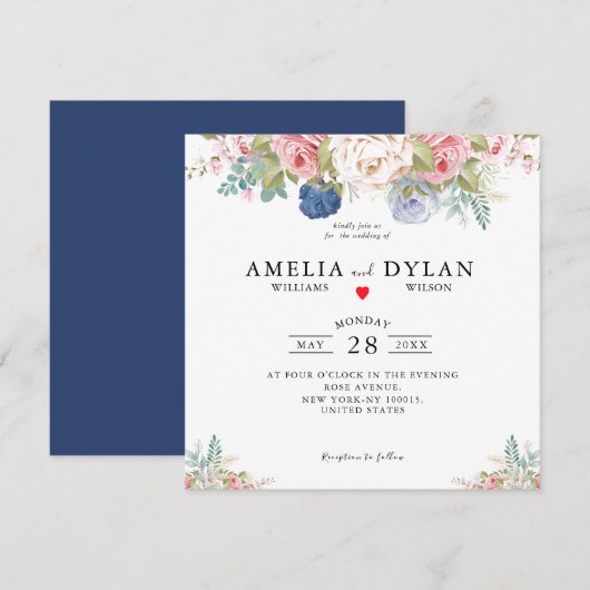 Invitation Russe Marine Blush rose Floral moderne Mariage Inv (Devant / Derrière)