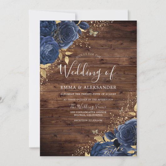 Invitation Russe Marine Indigo Roses bleus et Mariage or (Devant)