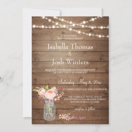Invitation Russe Mason Jar Lights Pink Peony Bouquet Mariage (Devant)