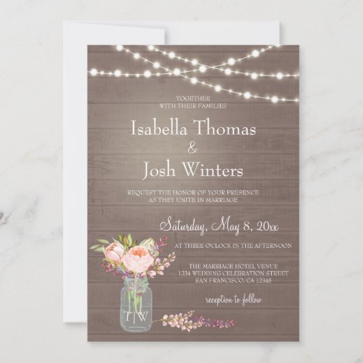 Invitation Russe Mason Jar Lights Pink Peony Bouquet Mariage (Devant)