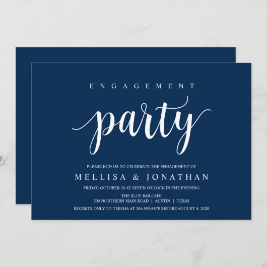 Invitation Russe moderne, Script bleu marine, Partie d'engage (Devant / Derrière)