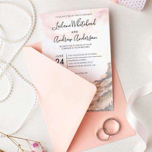 Invitation Russe Mountain Range Aquarelle Pink Sky Mariage