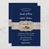 Invitation Russe Navy Blue Burlap et Mariage de dentelle (Devant / Derrière)