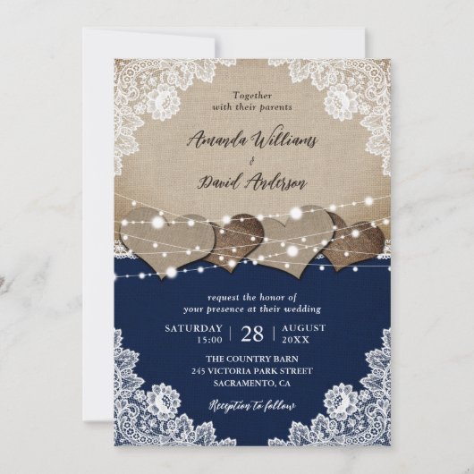 Invitation Russe Navy Blue Burlap Mariage dentelle (Devant)