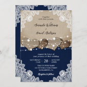 Invitation Russe Navy Blue Burlap Mariage dentelle (Devant / Derrière)