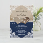Invitation Russe Navy Blue Burlap Mariage dentelle (Debout devant)