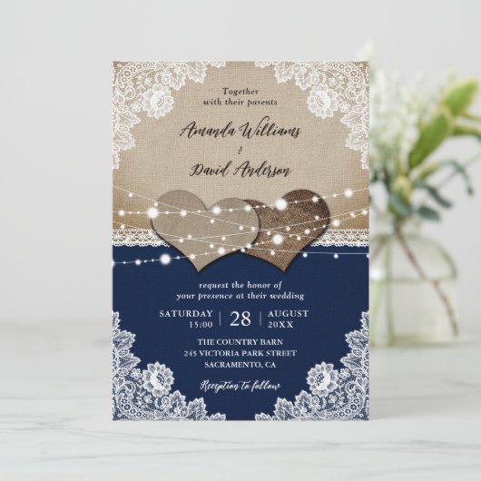 Invitation Russe Navy Blue Burlap Mariage dentelle (Debout devant)