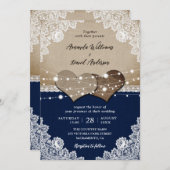 Invitation Russe Navy Blue Burlap Mariage dentelle (Devant / Derrière)