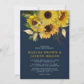 Invitation Russe Navy Blue Sunflower & Gold Confetti Mariage (Devant)