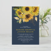 Invitation Russe Navy Blue Sunflower & Gold Confetti Mariage (Debout devant)