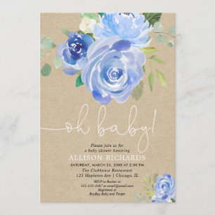 Invitation Russe Oh baby Navy baby shower floral bleu