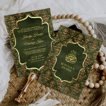 Invitation Russe Olive Green Gold Damask Mariage musulman<br><div class="desc">Éblouissez vos invités avec cet élégant invitation de mariage aux accents faux feuille d'or et au magnifique motif damassé avec 'Bismillah' en calligraphie arabe. Ajoutez simplement les détails de votre événement sur ce modèle facile à utiliser pour en faire une invitation unique.</div>