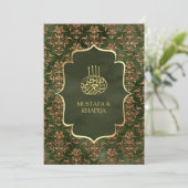 Invitation Russe Olive Green Gold Damask Mariage musulman (Debout devant)