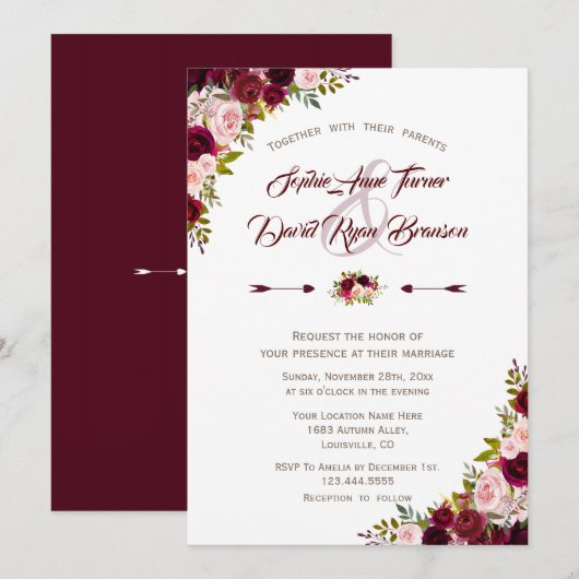 Invitation Russe Pays Bourgogne Marsala Mariage Floral (Devant / Derrière)